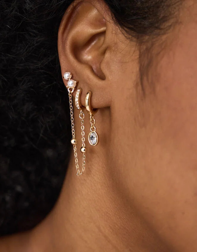 4-Pack Stone Stud & Chain Hoop Earrings Gold