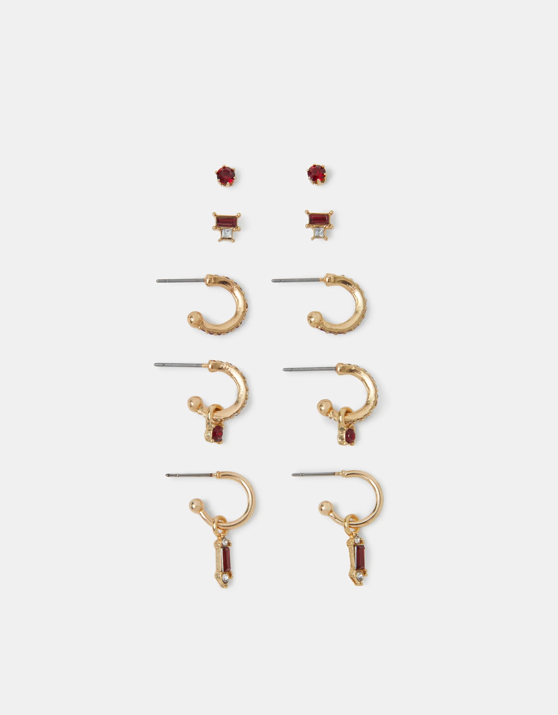 5-Pack Gemstone Stud & Hoop Earrings Red