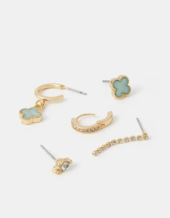 10 X GREEN CLOVER STUD & HOOP EARRINGS