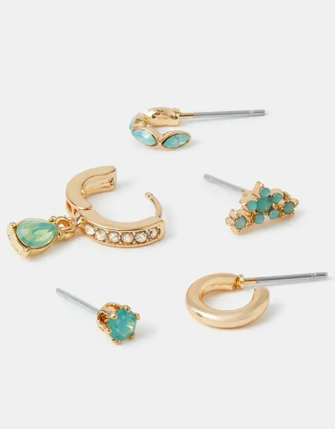 10 X OPAL SPARKLE STUD & HOOP EARRINGS - GREEN