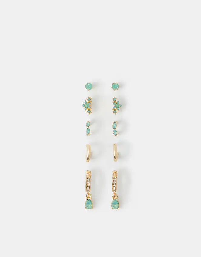 10 X OPAL SPARKLE STUD & HOOP EARRINGS - GREEN