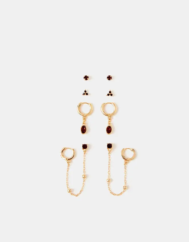 10 X THREAD THRU STUD & CHAIN HOOP EARRINGS - BURGUNDY