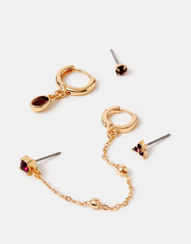 10 X THREAD THRU STUD & CHAIN HOOP EARRINGS - BURGUNDY