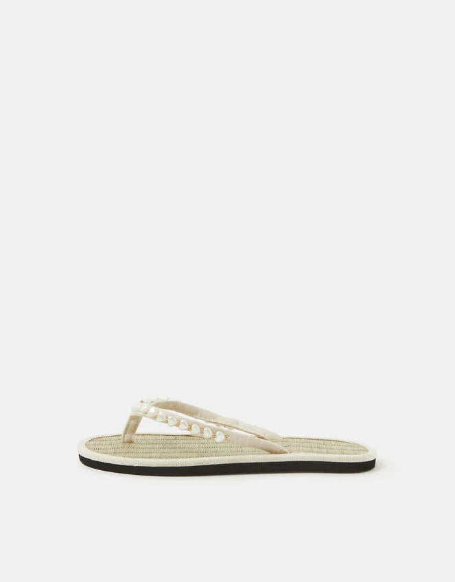 Heart Bead Seagrass Flip Flops White