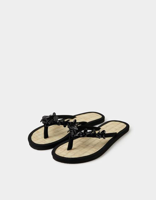 Sequin Embellished Seagrass Flip Flops Black