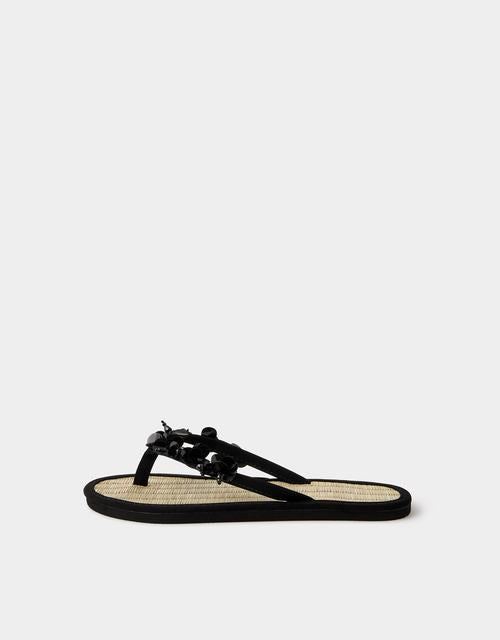Sequin Embellished Seagrass Flip Flops Black