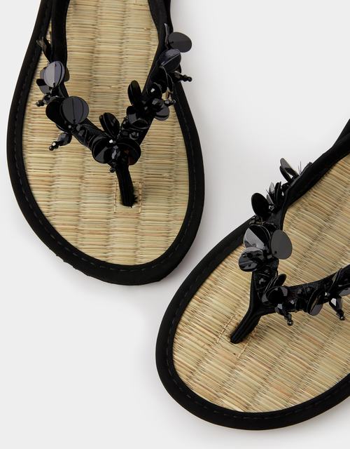 Sequin Embellished Seagrass Flip Flops Black