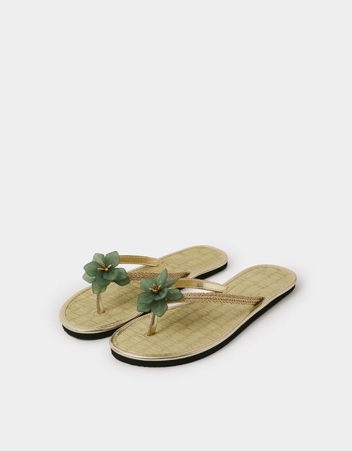 Flower Metallic Seagrass Flip Flops Green
