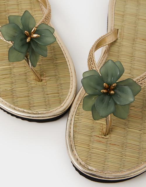 Flower Metallic Seagrass Flip Flops Green