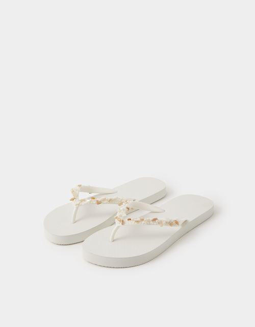 Bead Embellished Flip Flops White