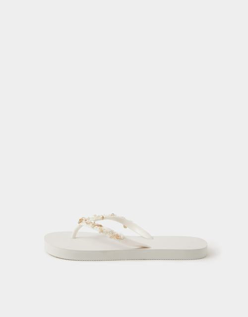Bead Embellished Flip Flops White