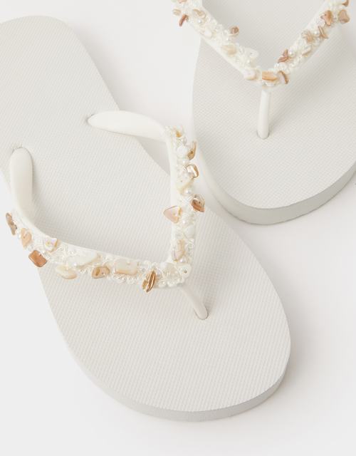 Bead Embellished Flip Flops White