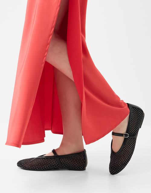 Rhinestone Mesh Mary Jane Ballet Flats Black