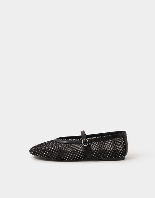 Rhinestone Mesh Mary Jane Ballet Flats Black
