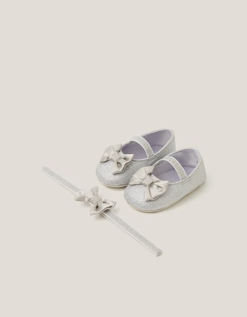 Baby Bow Glitter Booties & Headband Set Silver