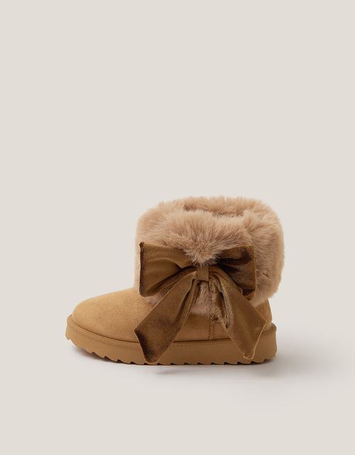Bow Faux Fur Suedette Ankle Boots Tan